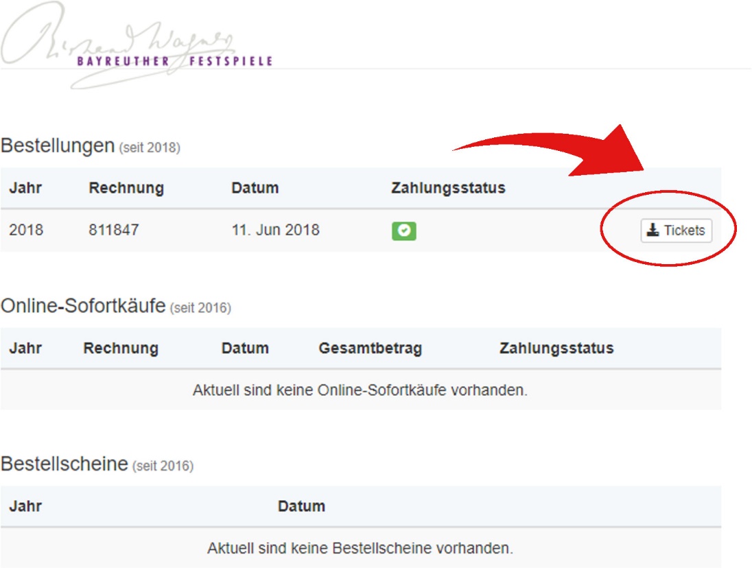 Darstellung Ihrer Bestellungen im Ticketshop