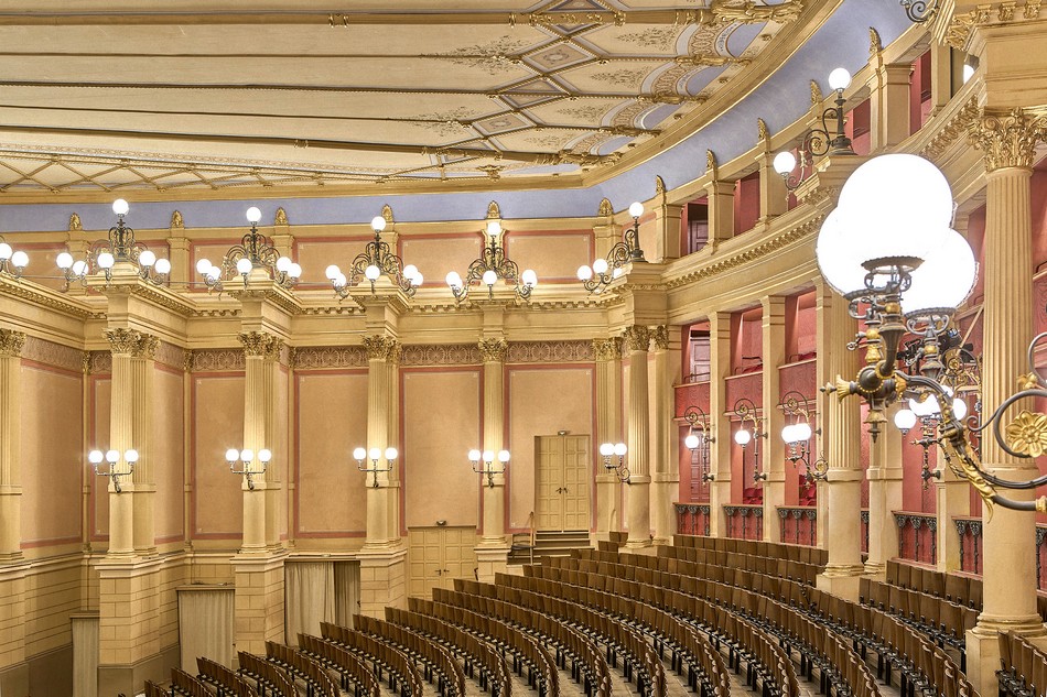 View of the upper seats in the auditorium with lighting