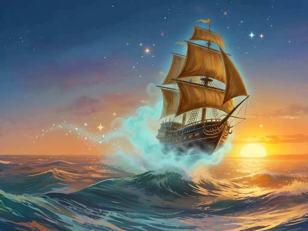 Illustration des fliegenden Holländers auf dem Meer.