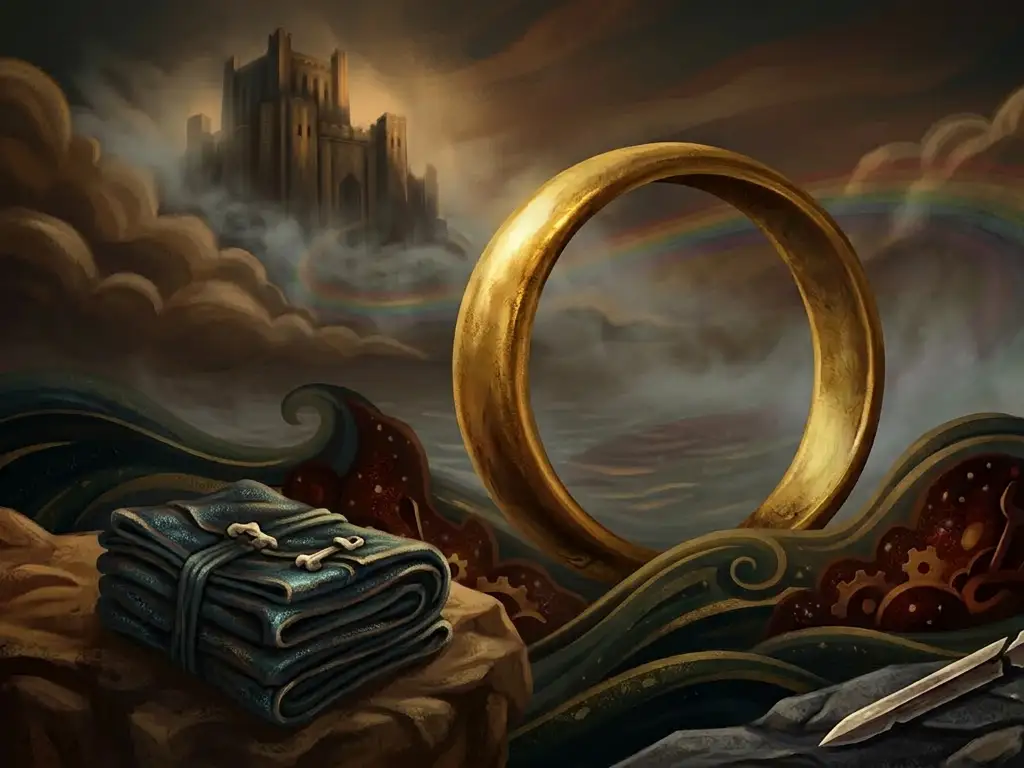 Illustration eines goldenen Ringes in einer fantasievollen Umgebungen über den Wolken