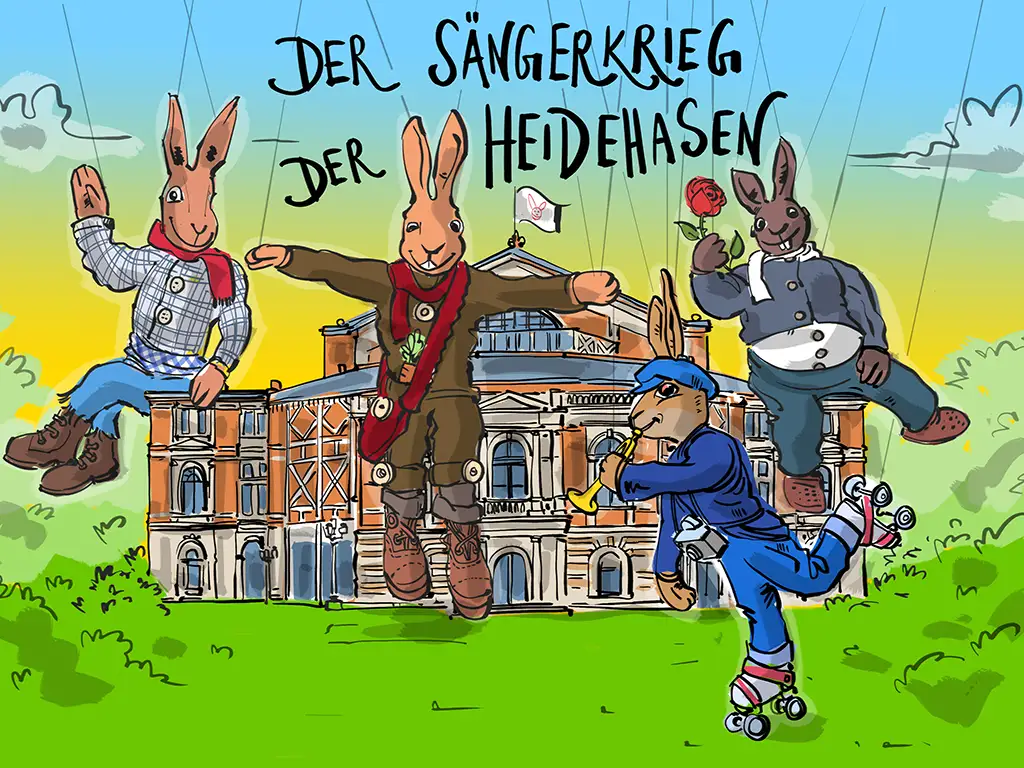 Illustration von vier Hasen-Marionetten vor dem Bayreuther Festspielhaus mit der Überschrift Der Sängerkrieg der Heidehasen